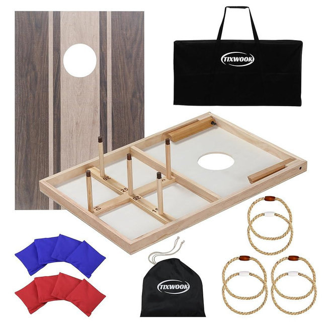 TIXWOOK Cornhole Board Set with Ring Toss Game, Soild Wood Cornhole Game Set with 8 Bean Bags and 2 Cornhole Boards, 3x2 ft Premium Corn Hole Games for Adults and Family