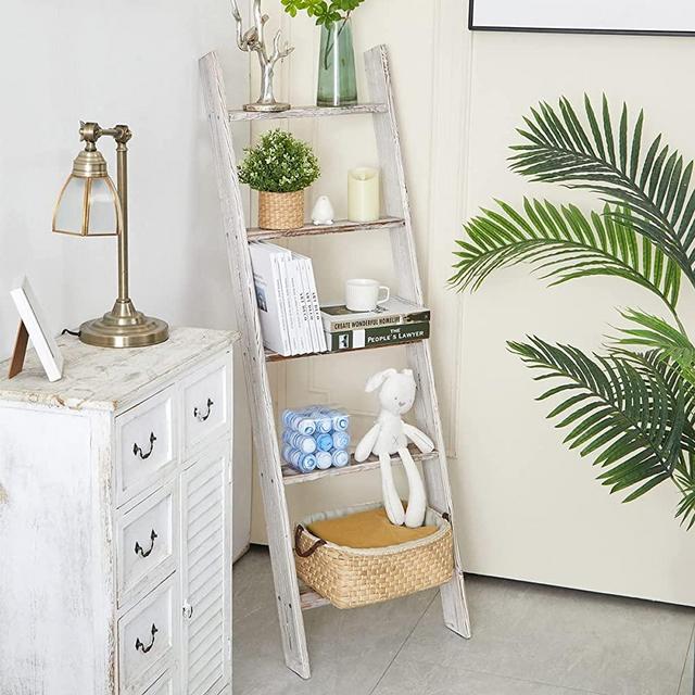 TEAKMAMA Blanket Ladder Shelf 54'' Rustic Wood Ladder Decorative Rack Heave Duty Ladder Farmhouse Storage Furniture for Your House Easy to Assemble - White