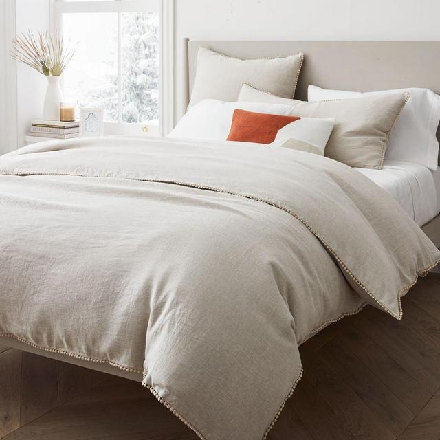 European Linen Pom Pom Duvet, Full/Queen Duvet Cover, Natural Flax