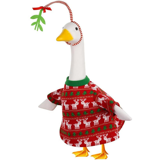 Christmas Red and Green Sweater Goose Outfit with Mistletoe Christmas Costume for Porch Lawn Goose Holiday Goose Clothes for 23'' H Plastic Goose Xmas Decoration Outdoor Garden Yard Patio Decor