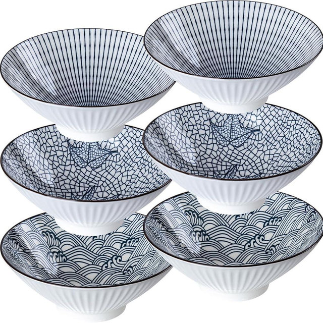 Dyware 38 oz Japanese Ramen Bowls Set of 6, Large Pho Bowls, 8 Inch Ceramic Blue and White Soup Bowls, Mixing Pattern