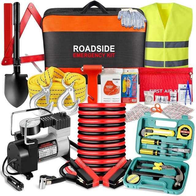 Car Emergency Kit with Air Compressor,Roadside Emergency Car Kit for Vehicles Auto Truck with Jumper Cables,Winter Car Safety Kit with Folding Shovel Car Repair Tool Set First Aid Kit Blanket Tow Rope