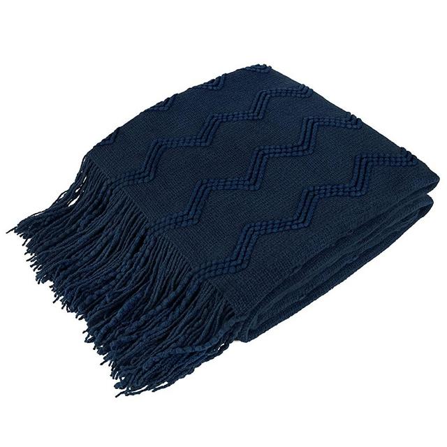 PAVILIA Knitted Throw Blanket Fringe Navy Dark Blue | Decorative Tassel Boho Farmhouse Decor Couch Bed Sofa Fall Outdoor | Woven Modern Textured Afghan Soft Lightweight Cozy Acrylic 50x60