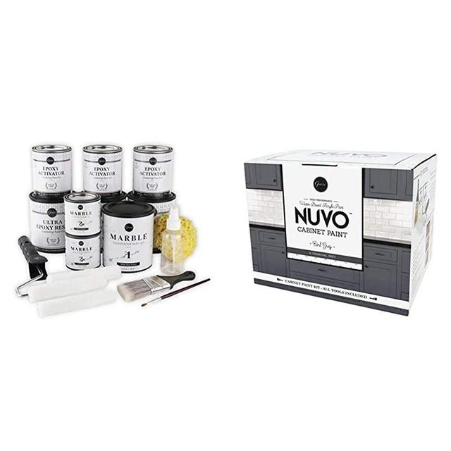 Giani Carrara White Marble Epoxy Countertop Kit & Nuvo Cabinet Makeover Kit, Earl Grey