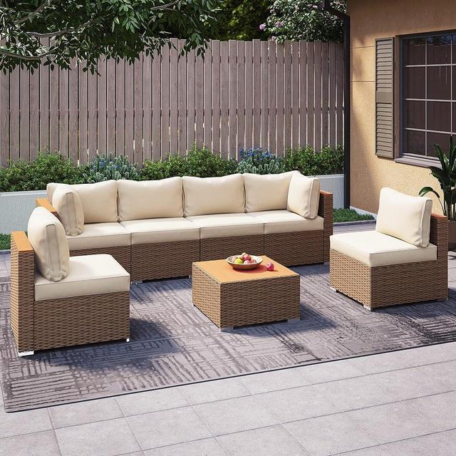 LAUSAINT HOME Outdoor Patio Furniture, 7 Piece Patio Furniture Set PE Rattan Sectional Conversation Sets with Thick Cushions & Wood-Like Coffee Table for Garden, Porch(Beige/Brown Wicker)