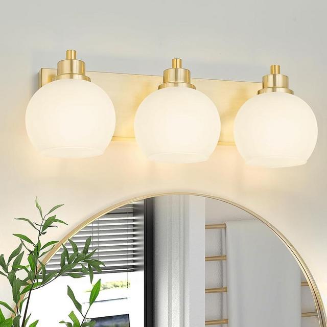Tuscarora Gold Bathroom Light, Gold Vanity Light 3 Light Bathroom Vanity Light Brushed Gold Vanity Lighting with Milk Glass Shade,Bathroom Light Over Mirror,Bathroom Lighting Fixtures for Mirror