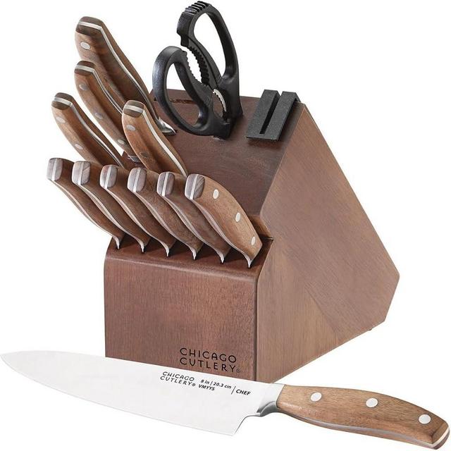 Chicago Cutlery Signature Edge Steel 13-Piece Kitchen Knife Block Set With Wooden Block & Built-In Sharpener, Ergonomic Handles and Stainless Steel Professional Chef Knife Set & Scissors in Walnut