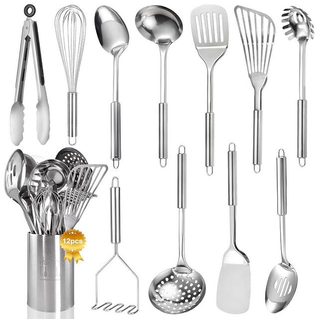 Stainless Steel Kitchen Utensils Set - 12Pcs Cooking Utensils Set with Holder, Metal Spatula Set Heat Resistant Kitchen Tool Set for Cooking with Turners, Potato Masher, Spatula, Spoons, Tongs, Whisk