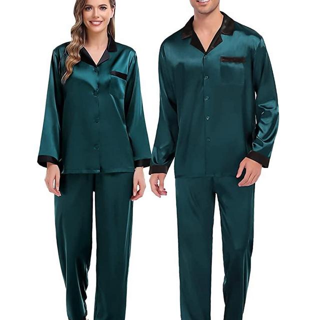 SWOMOG Couples Matching Pajamas Sets Silk Satin 2PCS Long Sleeve Sleepwear Button-Down Soft Loungewear Pjs Set