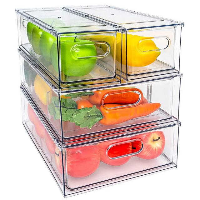MineSign 4 pack Stackable Refrigerator Organizer Bins Pull-Out Drawers for Fruit and Veggies Storage Organizer for Fridge Clear Drawer Containers with Handle Divided Organization for Produce Saver