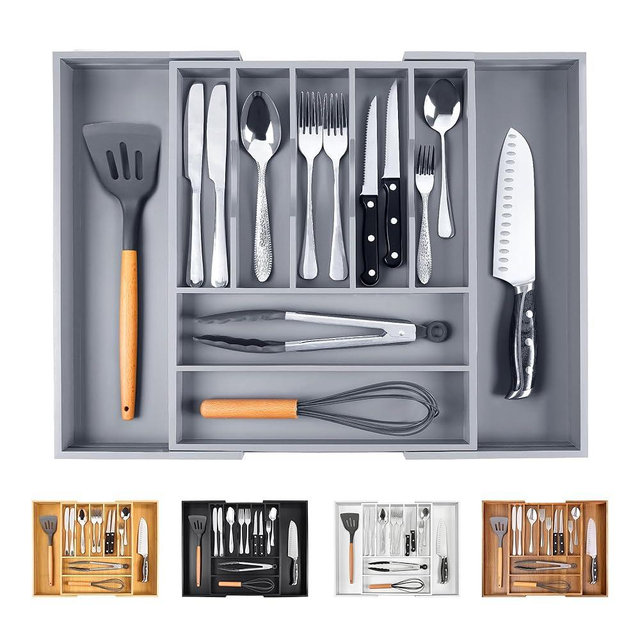 Bellsal Large Premium Bamboo Silverware Organizer - Expandable Utensil Drawer Organizer - 17"x19.6" Utensil Holder and Cutlery Tray with Grooved for Kitchen Flatware and Utensils(7-9 Slot, Gray)