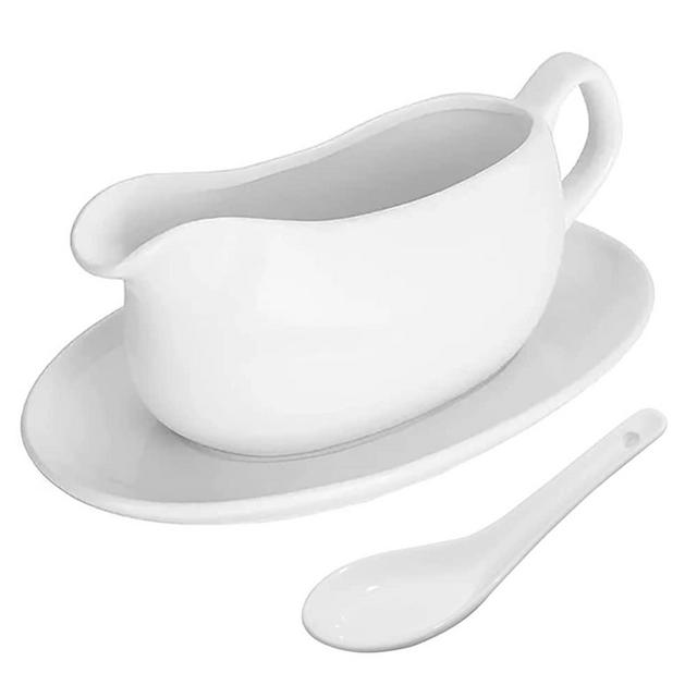 Miecux Gravy Boat wiht Tray, Ceramic Serving Saucer&Dish Dispenser for Sauces, Dressings and Creamer, Large Handle, Microwave and Dishwasher Safe, 17 oz, White