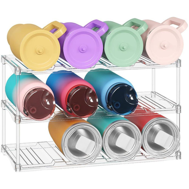 Lifewit Stackable Water Bottle Storage Organizer, Clear Tumbler Cup Mug Organizer, Plastic Large Compartment Wine Rack for Fridge Cellar Kitchen Pantry Storage, 3Tier Hold 12