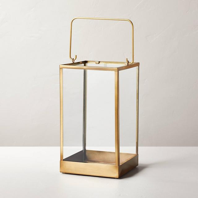 Medium 14" Square Metal & Glass Pillar Candle Lantern Brass - Hearth & Hand™ with Magnolia
