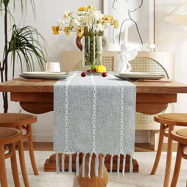 Rustic Farmhouse Style Linen Table Runner, Boho Handmade Tassel Embroidery Table Runners 48 Inches Long for Holiday Party, Dresser and Dining Decorations, 13 x 48 inch - Light Grey