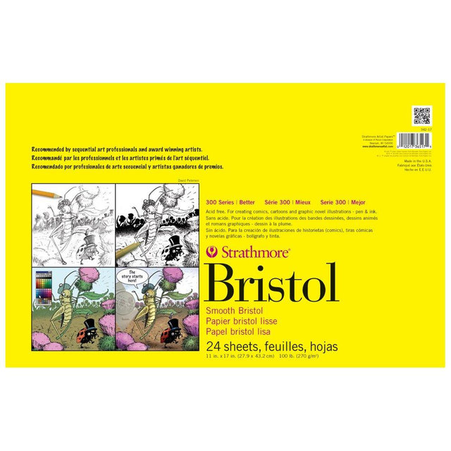 Strathmore 300 Series Bristol Paper Pad, Smooth, Tape Bound, 11x17 inches, 24 Sheets (100lb/270g) - Artist Paper for Adults and Students - Markers, Pen and Ink