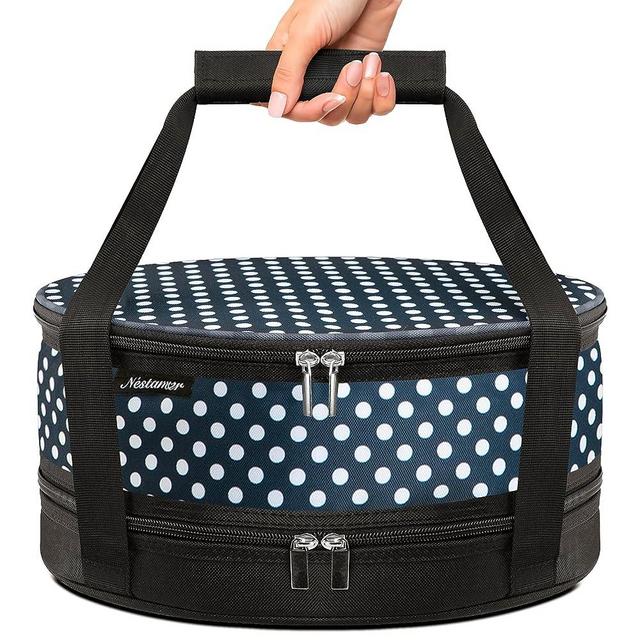 Nestamor Casserole Carrier, Pie Carrier & Cake Carrier with Lid and Handle (12.5" x 6") – Insulated Food Carrier w/Dual Zippers, Structured Base & Lid – Hot Dish Carrier [Navy & White Polka Dot]