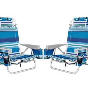 2Pk Aluminum Extra Wide 5-Position Lay Flat Folding Backpack Beach Chairs for Adults, with Cooler Bag, Cup&Phone Holder, Towel Bar for Outdoor Lawn Picnic Sport, Portable Camping Chairs, Blue Stripes