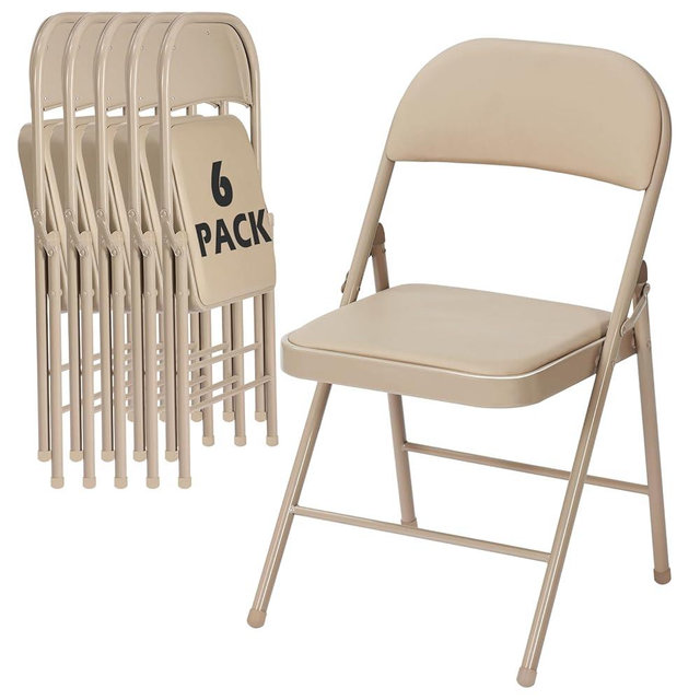 LING RONG 6 Pack Khaki Folding Chairs with Padded Cushion for Outside, Portable Stackable Commercial Metal Foldable Chairs with Steel Frame for Home Events Office Wedding Party, 350lbs Capacity