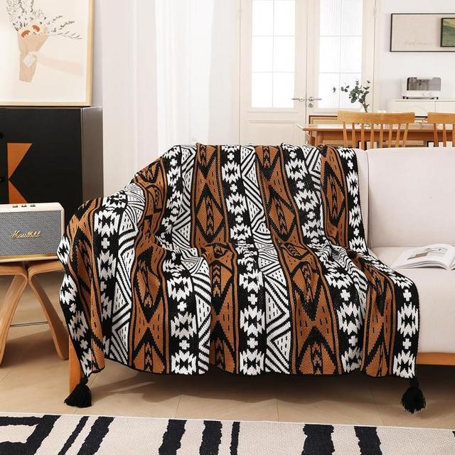 Chair Throw Blankets, Arcylic Knitted Southwest Tribal Bed Throws Couch Sofa Blanket, Native American Southwestern Soft Warm Throw Bohemian Living Room Bedroom (Coffee Black White, 60”x80”)