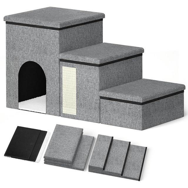 Forlogic Dog Stairs for Small Dog, Foldable 3-Steps Pet Steps for High Bed Couch and Surfaces, Adjustable Non-Slip Dog Ramp for Medium Dog with Storage Condo and Cat Scratcher