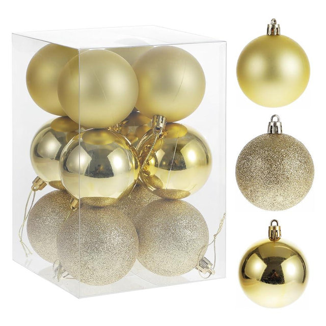 RELONGGI Christmas Ball Ornaments, 12pcs 6cm/2.36" Pre-Strung Xmas Tree Decorations，Holiday Hanging Balls-3 Style Shatterproof Plastic Ball Ornaments (Gold, Large)
