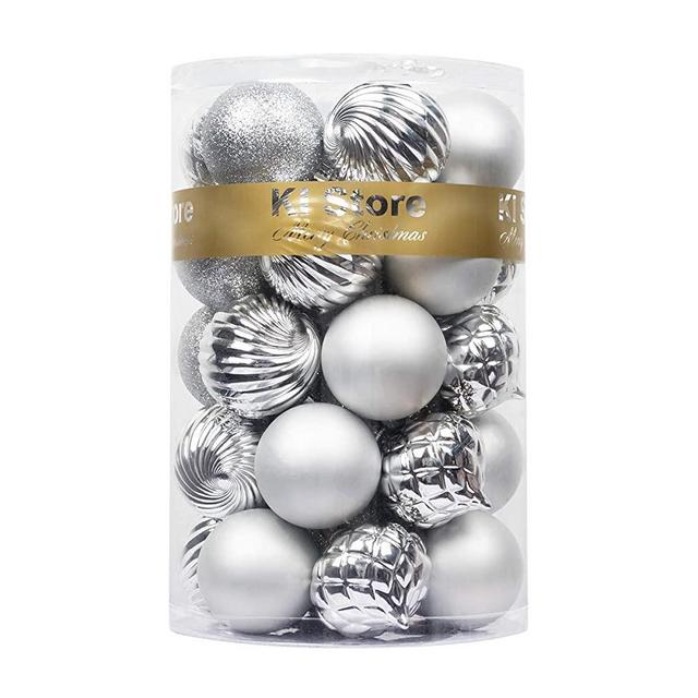 KI Store 34ct Christmas Balls Silver Shatterproof Christmas Decoration Ornaments 2.36-Inch for Holiday Decoration DIY, Tree Ornaments Hooks Included