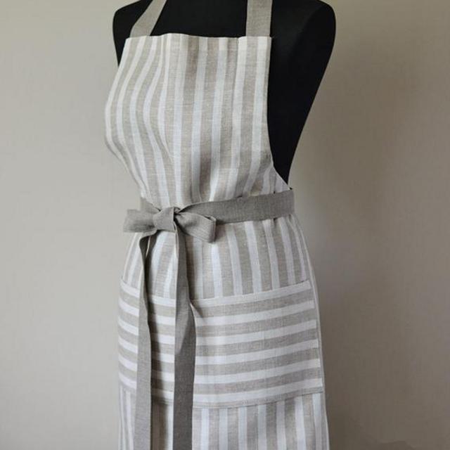 Linen Apron Striped Full Apron Natural Linen Apron Foodie Gift Apron Tan With White Traditional Apron With One Big Pocket Eco Apron