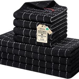 Homaxy Kitchen Towels and Dishcloths Set, 12 x 12 and 13 x 28 Inches, Set of 8 Bulk Cotton Terry Kitchen Towels Set, Checkered Designed, Soft and Super Absorbent Dish Towels, Black