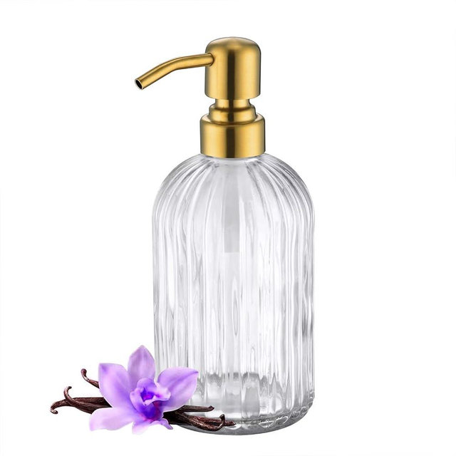 Leetcp Gold Glass Soap Dispenser with Rust Proof Metal Pump,16oz Vintage Soap Dispenser,Clear Glass Dish Soap Dispenser for Bathroom,Gold Kitchen Hand Soap Dispenser,Gold Antique Soap Dispenser