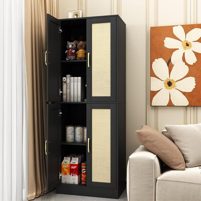 XSUQGP Storage Cabinet,Kitchen Pantry Cabinet with 4 Rattan Doors and Adjustable Shelves,Tall Storage Cabinet for Bathroom, Living Room, Laundry,Black