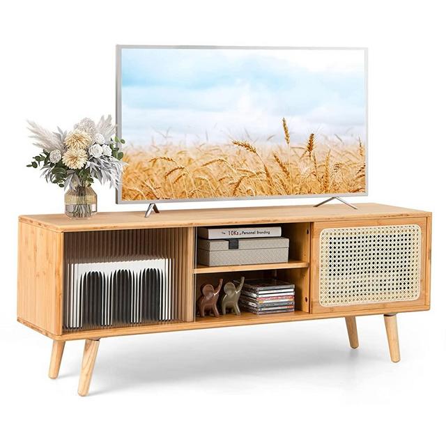 Tangkula Mid Century Modern TV Stand for TVs up to 55 Inch, Bamboo Entertainment Center w/Rattan & Tempered Glass Sliding Doors, Media Console w/Adjustable Shelf & Wood Legs for Living Room (Natural)