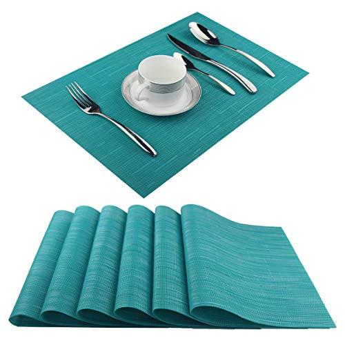 Plastic Placemats,Non Slip Washable Placemats for Dining Table Wipe Clean Table Mats Set of 6(Cyan Blue)