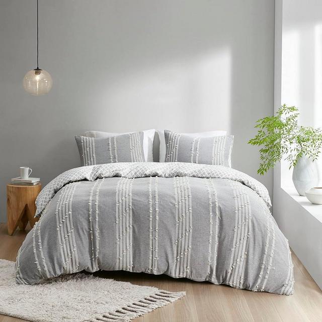 INK+IVY Comforter Set for Queen Size Bed - Cotton Comforter Set, Boho Bedding Set for All Seasons, Farmhouse Bedding Comforters & Sets with 2 Pillowcase, Jacquard Stripes, Gray 3 Piece Full/Queen