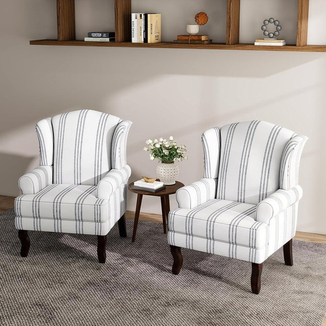 Lumibee High Back Accent Chairs, 2 Set Comfy Armchairs with Solid Wood Legs for Living Room, Upholstered Accent Chairs for Small Space, Single Sofa Reading Chairs for Office-Stripe Navy