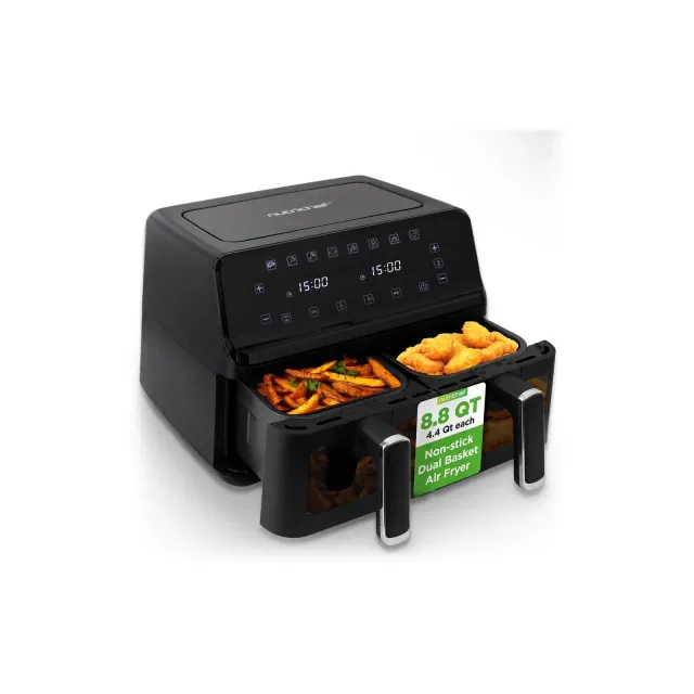 Nutrichef Double Basket Air Fryer 8.8 QT with Transparent Window | 9-1 Preset Cooking Options | 360° Hot Air Circulation Technology, Black