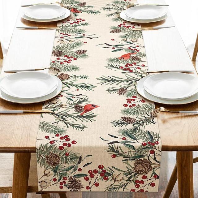 Seliem Winter Pine Needle Branches Table Runner, Pine Cone Cardinal Red Birds Berry Farmhouse Kitchen Dining Table Decor, Christmas Holiday Home Decoration Indoor Outdoor Party Supply 13 x 36 Inches
