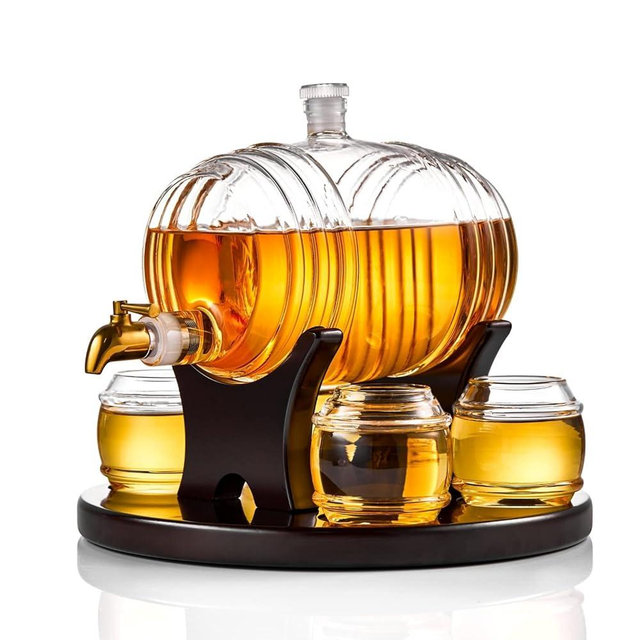Whiskey Barrel Decanter Set - Liquor Dispenser Alcohol Gifts for Men - 1350ML Decanter with 4 Barrel Whiskey Glasses for Bourbon, Scotch, Vodka, Tequila, Wine