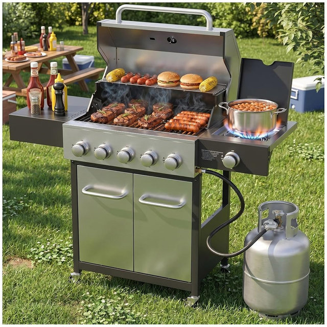 Veralune 68000 BTU 5-Burner Grill with Side Burner & Steel Grates | Wheeled frame, adjustable heat, large cook area, easy assemble & clean for outdoor barbecues