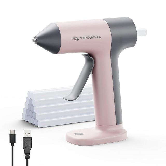 Tilswall Cordless Hot Glue Gun, 30s Fast Preheating with 2Ah Built-in Battery, Hot Melt Glue Gun with 20pcs Premius Glue Sticks, Smart Power-Off, USB-C Inputs Suitable for DIY Craft, Home Repaire Pink