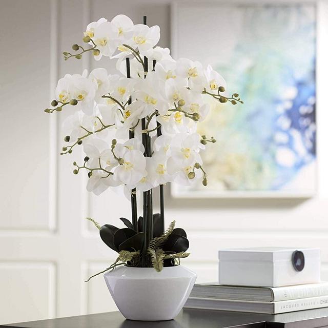 Dahlia Studios Potted Faux Artificial Flowers Arrangements Realistic White Phalaenopsis Orchid in White Ceramic Pot for Home Decoration Living Room Office Bedroom Bathroom Kitchen 29" High