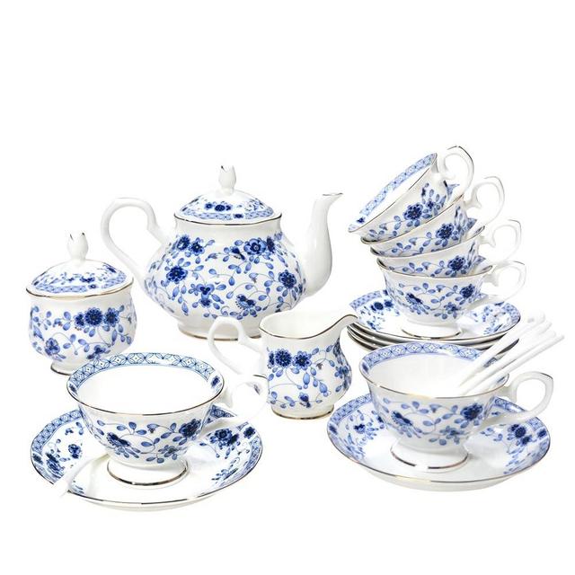 LE POTOCIO Bone China Tea Set, 21-Pieces Porcelain Tea Set for Adults, Tea Cups And Saucers for 6, with Teapot, Spoons, Sugar Bowl, Creamer Pitcher, Vintage Tea Set for Women Tea Party (Blue)