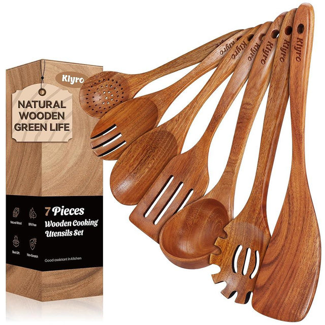 KLYRO Kitchen Utensils Set, 7 Piece Premium Cooking Utensils Set, Durable Non-Stick Wooden Spoons for Cooking, Kitchen Essentials for New Home