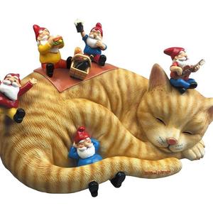 Outdoor Garden Gnomes Picnic Sleeping Cat Statue