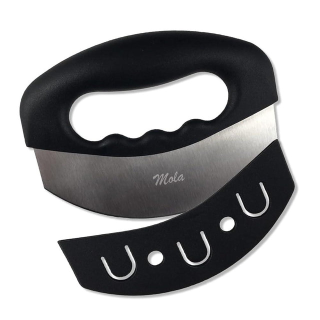Mola Salad Chopper - Scraper and Chopper, Rocker Knife, Mezzaluna Knife, and Salad Cutter with Stainless Steel Blade and Sheath for Vegetables, Herbs, and More
