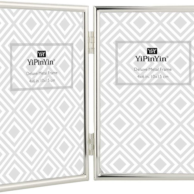 YiPinYin 4x6'' Hinged Double Simply Silver Metal Picture Frame, Elegant Silver Plated Metal Photo Frames 4 x 6'' With Soft Touch Velvet Backing for Desktop