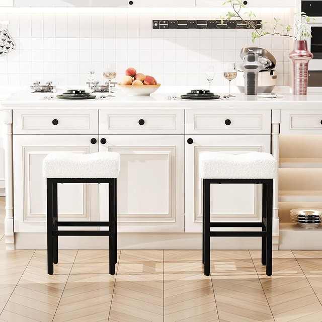 FUNCOLOR HOME Bar Stools Set of 2, White Counter Height Bar Stools, 27 Inches Modern Upholstered Boucle Backless Saddle Stool for Kitchen Island, with Metal Leg