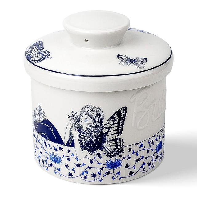 Toptier Butter Crock for Counter With Water Line, On Demand Spreadable Butter, Ceramic Butter Keeper to Leave On Counter, French Butter Dish with Lid, (Interlock Branch Lotus)