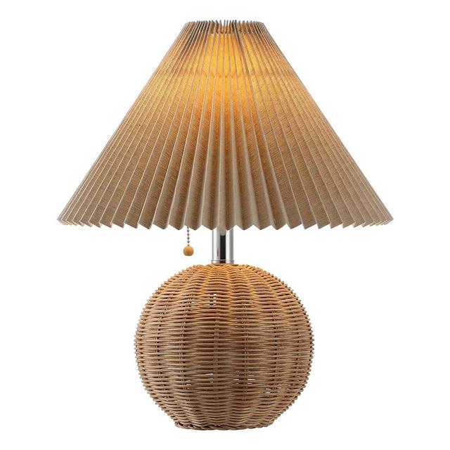 JONATHAN Y JYL1145C Aksel 17.25" Coastal Scandinavian Rattan/Iron Sphere LED Table Lamp with Pleated Shade and Pull Chain, Natural/Chrome/Dark Beige, for Bedroom, Living Room, Entry Console