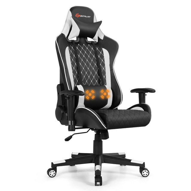 Costway Gaming Chair Massage Reclining Racing Chair w/Lumbar Support and Headrest White